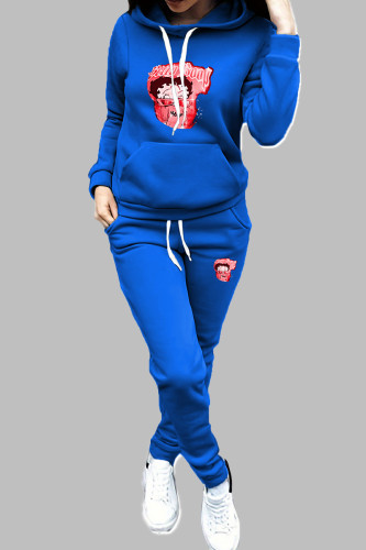Blue Casual Print Draw String Pocket Patchwork Hooded Long Sleeve Two Pieces