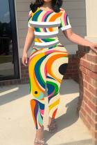 Multi-color Casual Print Patchwork O Neck Short Sleeve Two Pieces