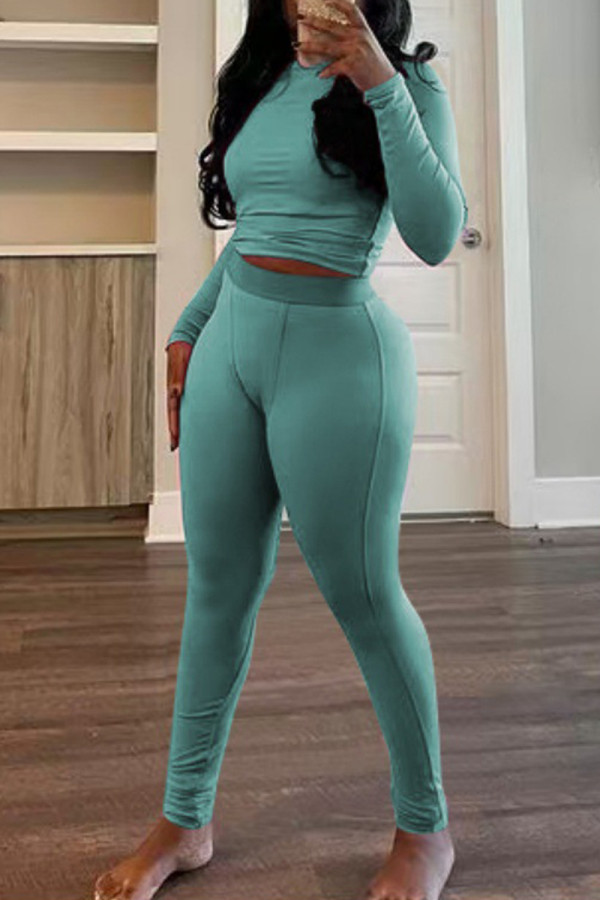 Lake Blue Casual O Neck Long Sleeve Crop Tops And Pants Two Pieces Trouser Sets