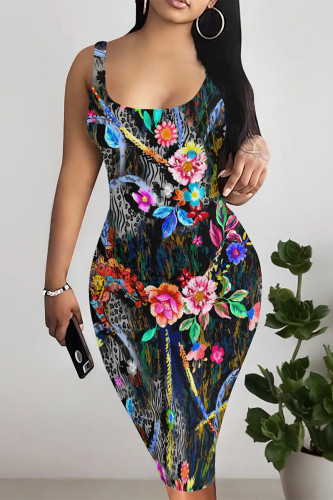 Dark Blue Sexy Floral Print Graffiti Print Contrast U Neck Printed Dresses