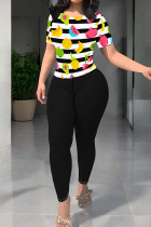 Black And White Casual Print Patchwork O Neck Short Sleeve Two Pieces