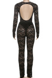 Black Sexy Solid Color Lace Patchwork Backless O Neck Long Sleeve Two Pieces