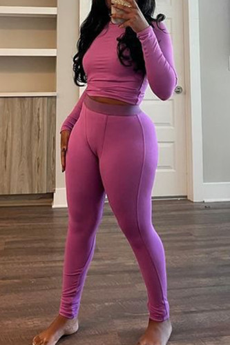 Pink Casual O Neck Long Sleeve Crop Tops And Pants Two Pieces Trouser Sets