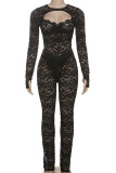 Black Sexy Solid Color Lace Patchwork Backless O Neck Long Sleeve Two Pieces