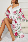 Powder White Daily Animal Print Floral Print Lace Up Contrast Sleepwear