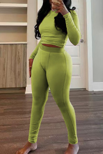 Green Yellow Casual O Neck Long Sleeve Crop Tops And Pants Two Pieces Trouser Sets