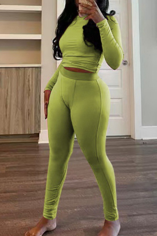 Green Yellow Casual O Neck Long Sleeve Crop Tops And Pants Two Pieces Trouser Sets