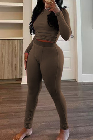 Coffee Casual O Neck Long Sleeve Crop Tops And Pants Two Pieces Trouser Sets