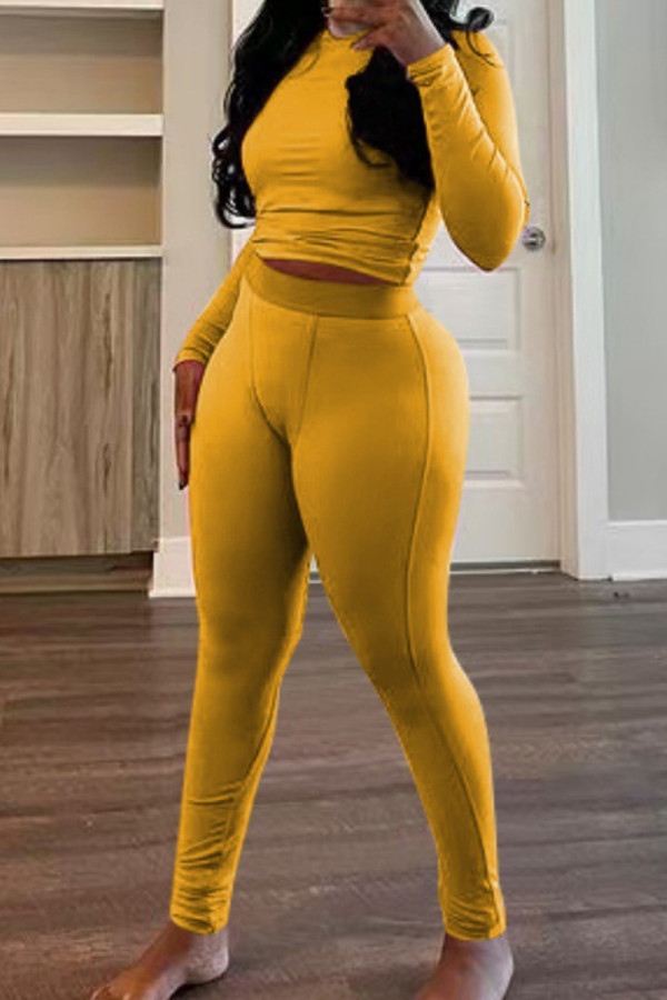 Yellow Casual O Neck Long Sleeve Crop Tops And Pants Two Pieces Trouser Sets