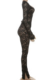 Black Sexy Solid Color Lace Patchwork Backless O Neck Long Sleeve Two Pieces
