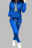 Blue Casual Print Draw String Pocket Patchwork Hooded Long Sleeve Two Pieces