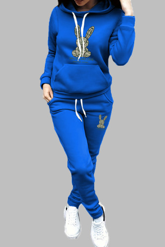 Blue Casual Print Draw String Pocket Patchwork Hooded Long Sleeve Two Pieces
