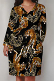 Camel Casual Street Animal Print Pocket Contrast V Neck Printed Plus Size Dresses
