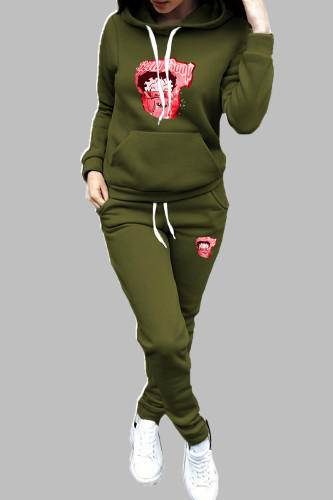 Green Casual Print Draw String Pocket Patchwork Hooded Long Sleeve Two Pieces