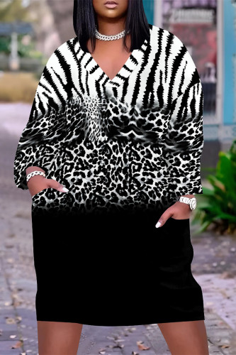 Black Casual Daily Flowers Faux Denim Print Pocket Contrast V Neck Printed Plus Size Dresses