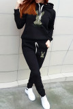 Blue Casual Print Draw String Pocket Patchwork Hooded Long Sleeve Two Pieces