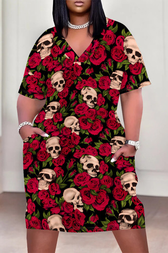 Black Red Casual Vacation Flowers Stripe Landscape printing Eye Pocket Contrast V Neck Printed Plus Size Dresses