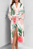 Powder White Daily Animal Print Floral Print Lace Up Contrast Sleepwear