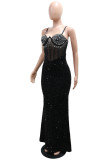 Red Sexy Party Formal Hot Drilling Sequins Patchwork Backless Spaghetti Strap Long Dresses