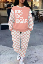 Pink Casual Street Geometric Print Butterfly Letters Draw String Pocket Contrast O Neck Long Sleeve Two Pieces