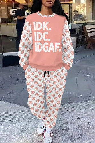 Pink Casual Street Geometric Print Butterfly Letters Draw String Pocket Contrast O Neck Long Sleeve Two Pieces