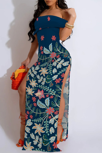 Navy Blue Sexy Geometric Print Flowers Slit Contrast Off Shoulder Long Dresses