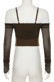 Brown Casual Solid Color Patchwork Backless Spaghetti Strap Tops