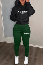Black Green Casual Letters Draw String Pocket Patchwork Hooded Long Sleeve Two Pieces