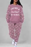 Pink Casual Street Geometric Print Butterfly Letters Draw String Pocket Contrast O Neck Long Sleeve Two Pieces