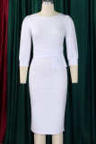 White Casual Solid Color Patchwork Slit Zipper O Neck Wrapped Skirt Dresses