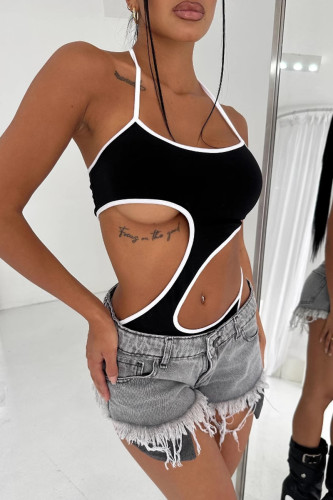 Black Sexy Hollow Out Patchwork Spaghetti Strap Skinny Bodysuits