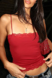 Red Sexy Solid Color Patchwork Backless Spaghetti Strap Tops