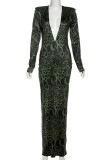 Green Elegant Print Patchwork Deep V Neck Long Dresses