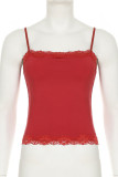 Red Sexy Solid Color Patchwork Backless Spaghetti Strap Tops