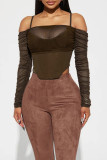 Brown Casual Solid Color Patchwork Backless Spaghetti Strap Tops