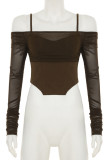 Brown Casual Solid Color Patchwork Backless Spaghetti Strap Tops