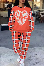 Tangerine Red Casual Street Geometric Print Butterfly Letters Draw String Pocket Contrast O Neck Long Sleeve Two Pieces