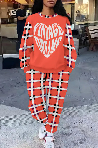 Tangerine Red Casual Street Geometric Print Butterfly Letters Draw String Pocket Contrast O Neck Long Sleeve Two Pieces