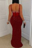 Red Sexy Party Formal Hot Drilling Sequins Patchwork Backless Spaghetti Strap Long Dresses