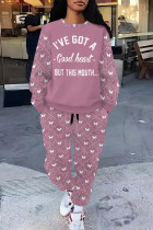 Rose Purple Casual Street Geometric Print Butterfly Letters Draw String Pocket Contrast O Neck Long Sleeve Two Pieces