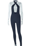 Black Casual Solid Color Hollow Out Patchwork Backless Halter Skinny Jumpsuits