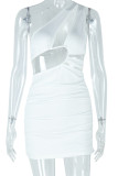 White Sexy Solid Color Hollow Out Patchwork Oblique Collar Wrapped Skirt Dresses