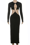 Black Sexy Solid Color Hollow Out Patchwork O Neck Long Dresses
