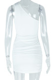 White Sexy Solid Color Hollow Out Patchwork Oblique Collar Wrapped Skirt Dresses