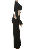Black Sexy Solid Color Hollow Out Patchwork O Neck Long Dresses