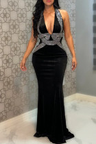Black Sexy Party Formal Solid Color Patchwork Backless Hot Drill Halter Long Dresses