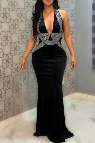 Black Sexy Party Formal Solid Color Patchwork Backless Hot Drill Halter Long Dresses