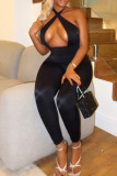 Black Casual Solid Color Hollow Out Patchwork Backless Halter Skinny Jumpsuits