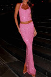 Pink Elegant Solid Color Patchwork Backless Hot Drill Halter Two Pieces