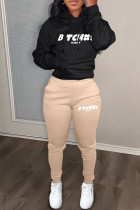 Khaki Casual Letters Draw String Pocket Patchwork Hooded Long Sleeve Two Pieces
